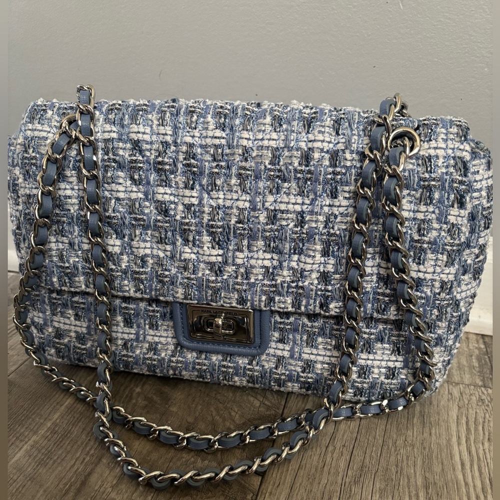 Karl Lagerfeld Blue and White Tweed Shoulder Bag